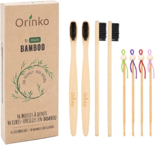  - Orinko – Lot de 4 cure-oreilles et 4 brosses à dents en bambou