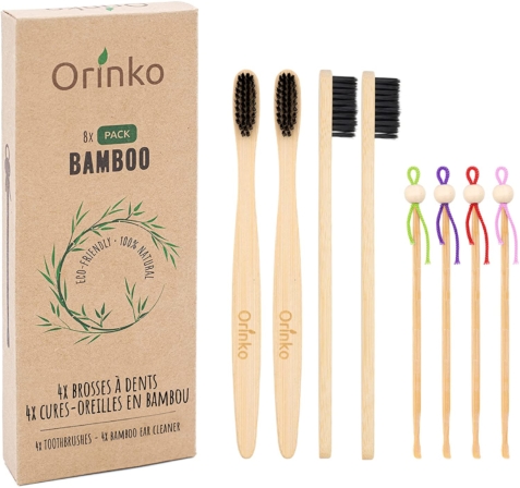 coton tige réutilisable - Orinko – Lot de 4 cure-oreilles et 4 brosses à dents en bambou