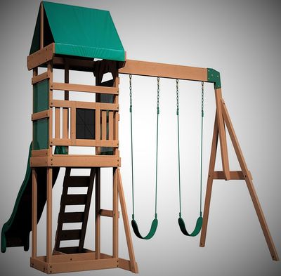 toboggan - Aire de jeux en bois avec balançoire, toboggan, bac de sable, échelle, maison d'intérieur – BACKYARD DISCOVERY HILL