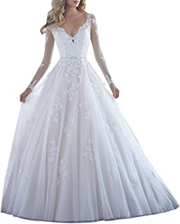 robe blanche - Robe de mariée longue en dentelle florale avec col V et manches longues VKStar