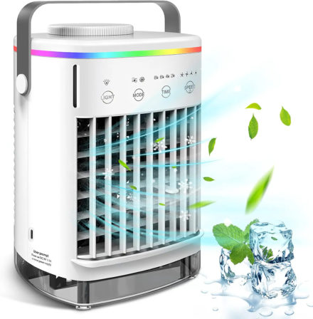 Climatiseur mobile 2021 Mini climatiseur personnel Air Cooler avec chargeur QC3.0 et câble USB de 1,5 m 3 vitesses de vent et 7 couleurs de veilleuse 