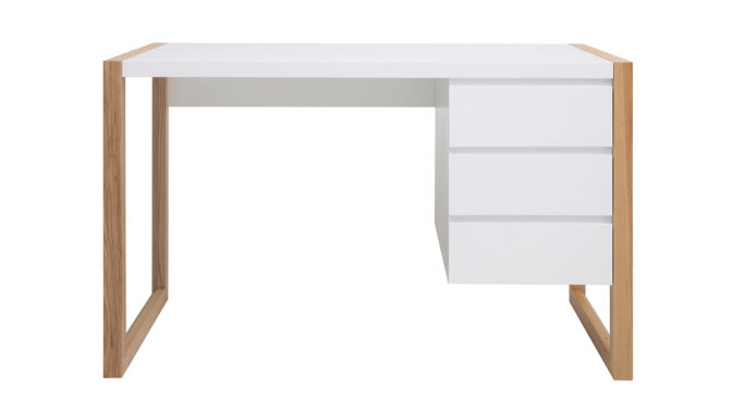 bureau blanc et bois - Bureau design 3 tiroirs blanc mat et bois Armel
