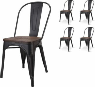  - Kosmi – Lot de 4 chaises en métal noires avec assises en bois