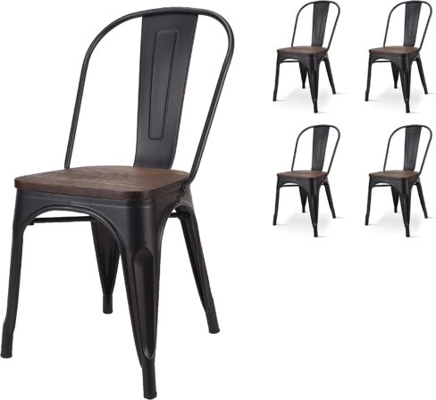 chaise en métal noire - Kosmi - Lot de 4 chaises en métal noires avec assises en bois