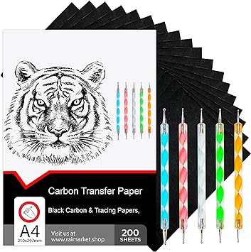 papier transfert textile - Raimarket – Papier en carbone noir pour le traçage sur tissu (200 pièces)